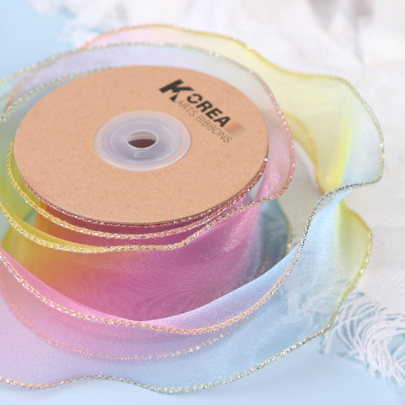 5 ซม. Fishtail ผ้ากอซพนมเปญ Rainbow Gradient Cuffs Snow Gauze ริบบิ้น DIY โบว์อุปกรณ์เสริมผมดอกไม้งานแต่งงานช่อดอกไม้