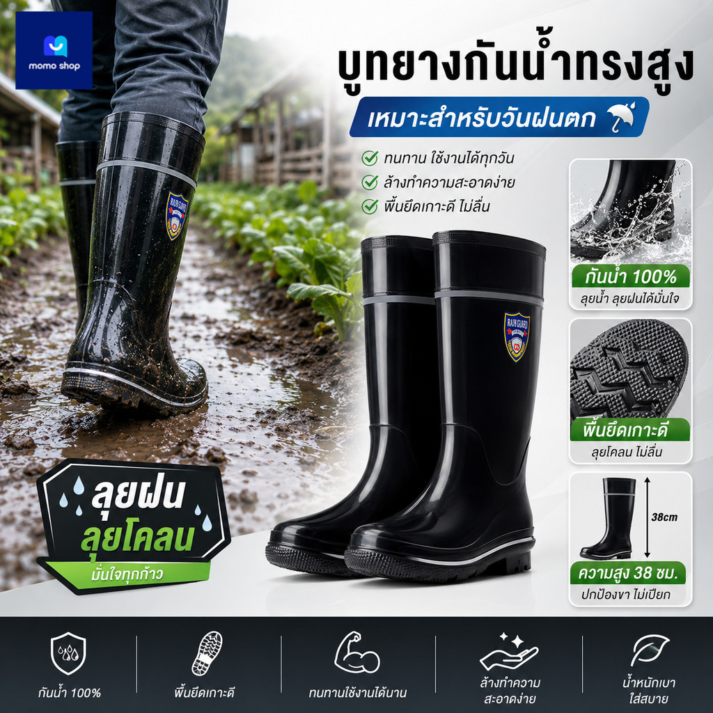 รองเท้าบู้ท กันน้ำกันฝน รองเท้าบู้ททำการเกษตร สีดำ ใส่ กันลื่นและทนต่อการสึกหรอ ระบายอากาศได้ดี ไม่ทำให้เท้าเหม็น