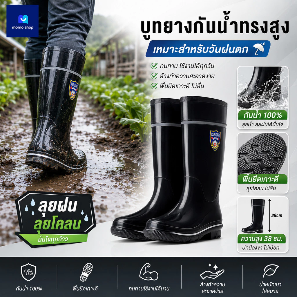 รองเท้าบู้ท กันน้ำกันฝน รองเท้าบู้ททำการเกษตร สีดำ ใส่ กันลื่นและทนต่อการสึกหรอ ระบายอากาศได้ดี ไม่ทำให้เท้าเหม็น