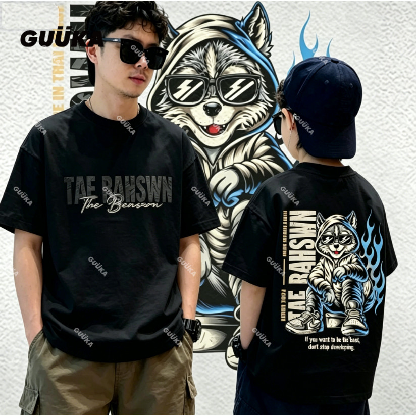 GUUKA ครอบครัววัน Baju T Ayah Anak Lelaki, เด็ก & ผู้ใหญ่หมาป่า Streetwear เสื้อยืดผู้ใหญ่และ Budak 