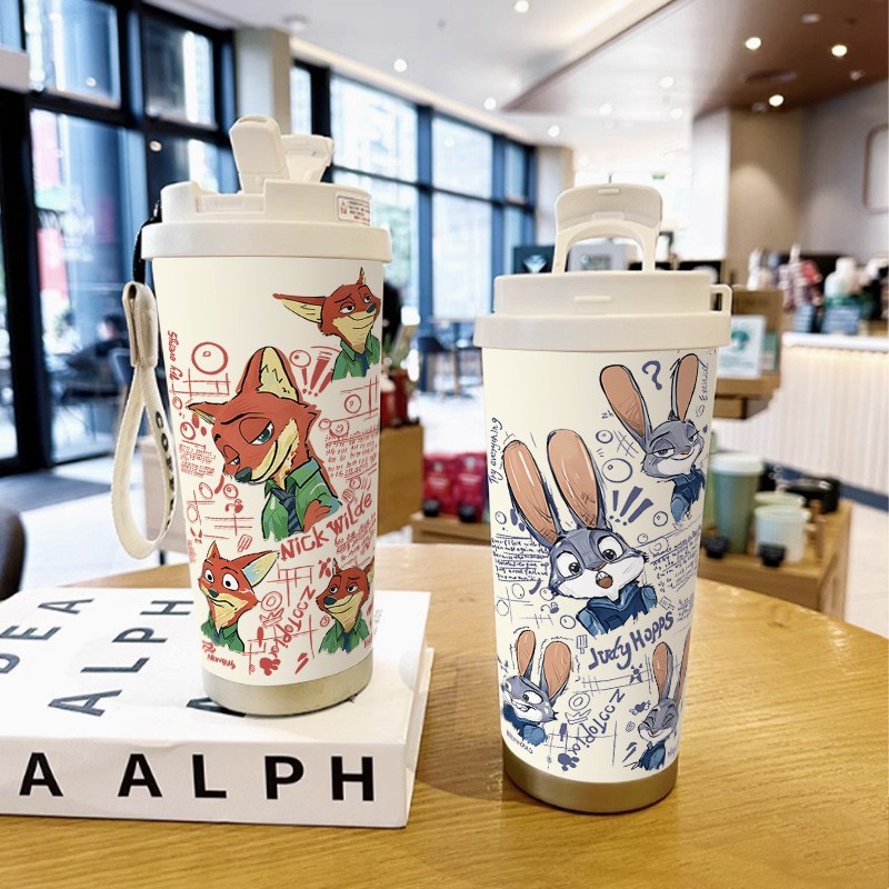 ขวดน้ำเก็บอุณหภูมิลายการ์ตูน Nick &amp; Judy Zootopia 500ml ความจุสูง เหมาะเด็กนักเรียนและคู่รัก