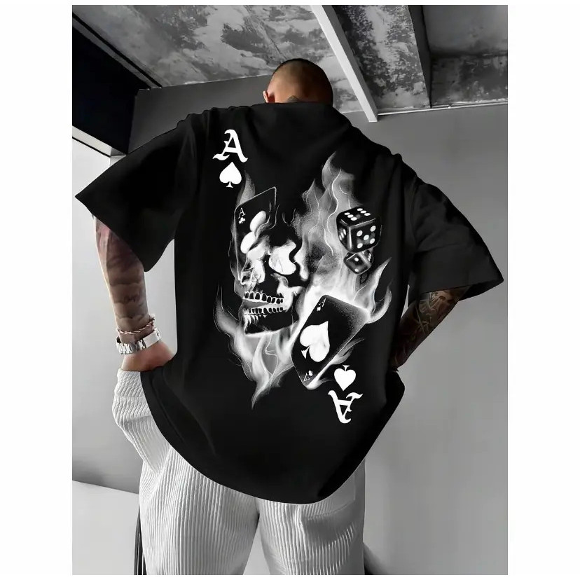 [in stock]เสื้อยืดคอกลมพิมพ์ลายหัวกระโหลกและไพ่