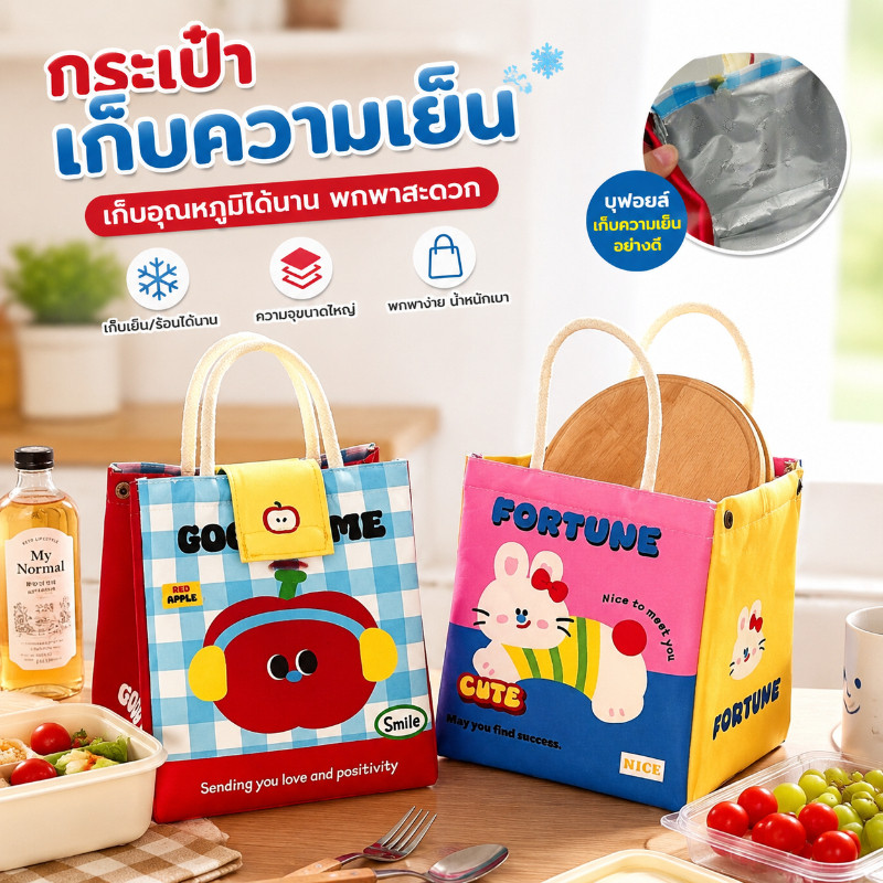 COD กระเป๋าฉนวนกันความร้อนสองชั้น ความจุ มี 4 สีให้เลือก น่ารักทุกแบบ ใช้สำหรับโรงเรียนปิกนิก เก็บความร้อน-เย็น 2 ชั้น