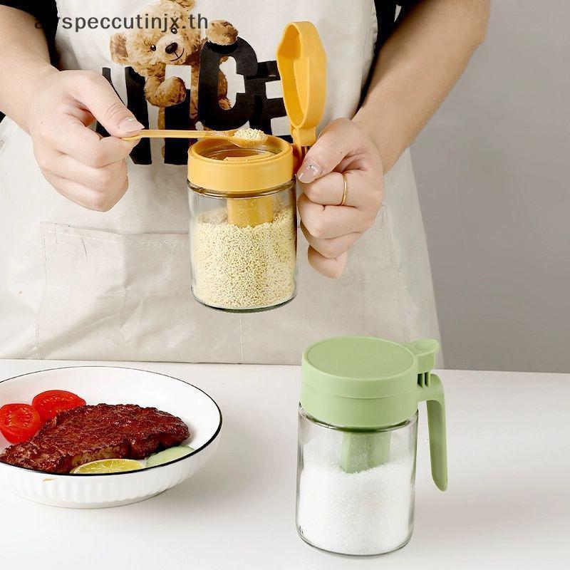 Airspeccutinjx ครัวในครัวเรือน Moisture-Proof Seasoning Jar เกลือคอนเทนเนอร์ 2 In 1 แก้วขวดเครื่องเทศช้อนแยกแก้วปรุงรสสามารถ TH