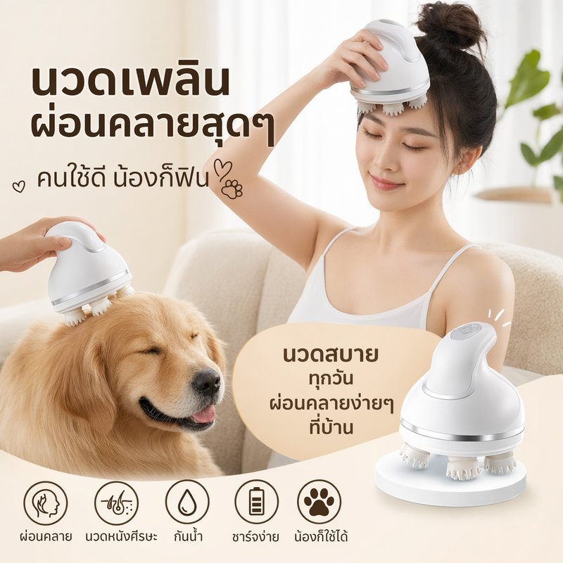 เครื่องนวดหัวแมว เครื่องนวดสัตว์เลี้ยง นวดแมว นวดสุนัข ชาร์จUSB ปรับความเร็ว นวดคอไหล่หลัง
