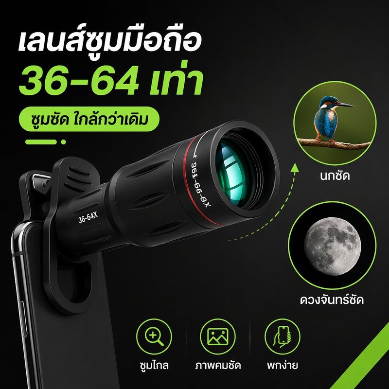 เลนส์ซูมมือถือ เลนส์เทเลโฟโต้ 36x 64x ภาพคมชัด hd คลิปหนีบมือถือ ดูนก คอนเสิร์ต กีฬา ท่องเที่ยว