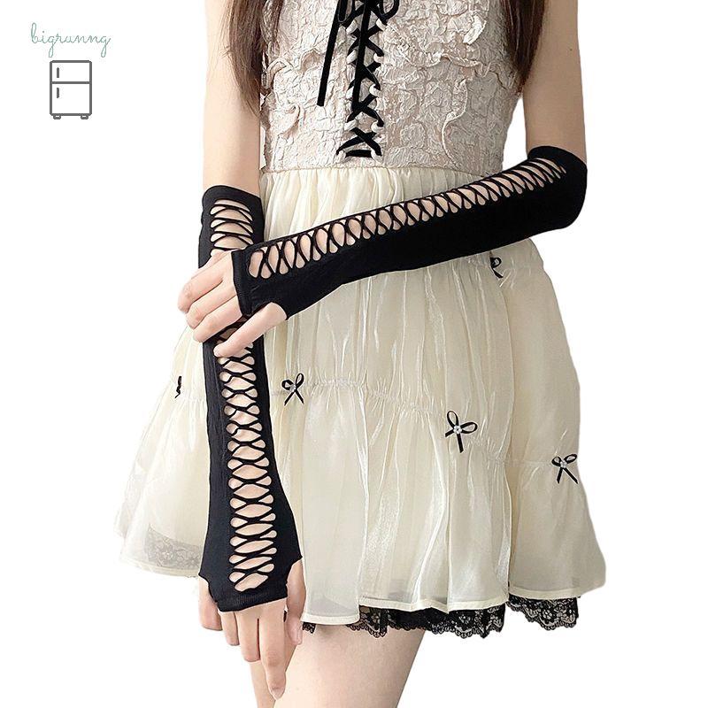 🍂🍂[BRN] ผู้หญิงข้อศอกความยาว Punk ถุงมือยืดหยุ่น Fingerless ถุงมือหน้าจอสัมผัส Mittens Cutout Cross 