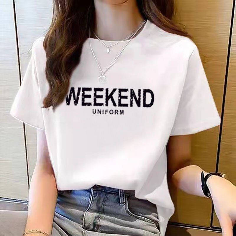 สีขาวรอบคอแขนสั้นเสื้อยืดผู้หญิงฤดูร้อน All-Match เกาหลีรุ่นหลวม ins อินเทรนด์ครึ่งแขนหมี Casual Let