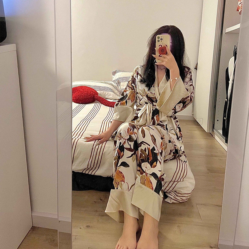 2025 หรูหรา High-End Feeling Full Score Nightgown กางเกงชุดสองชิ้นผ้าไหมเทียมผู้หญิง Pa