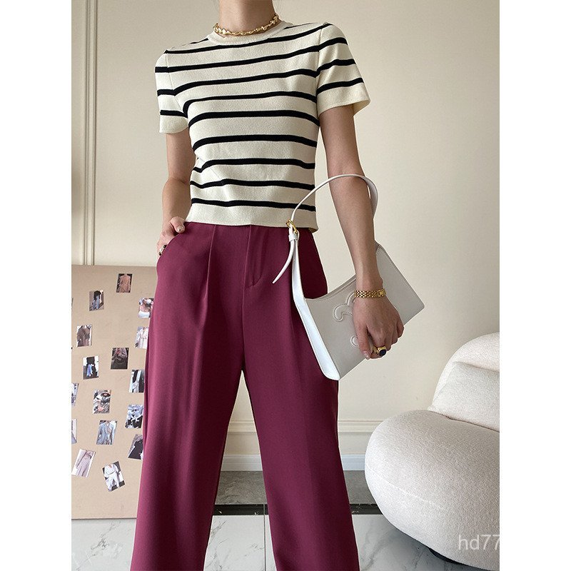 Snan Gentle Outer Wear All-Match Short Black White Strip Short-Sleeved Sweater Design Feel Niche Sma