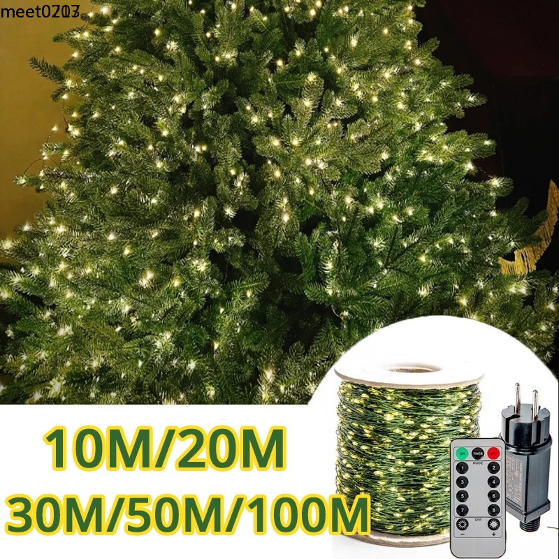50/100M 1000LED ไฟคริสต์มาส 8 โหมดไฟต้นคริสต์มาสพร้อมตัวจับเวลาหน่วยความจําฟังก์ชั่นสีเขียวลวด Starry Fairy String ไฟสําหรับต้นคริสต์มาสตกแต่งกลางแจ้ง