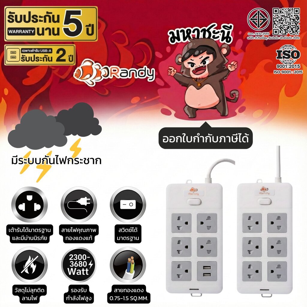 ปลั๊กไฟ Randy แบบดีไซน์สี่เหลี่ยมผืนผ้า 6 ช่องกระทัดรัด สายไฟ100%ทองแดง By มหาชะนี
