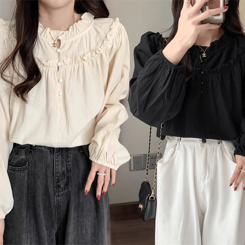 เสื้อเชิ้ตแขนยาวทรงหลวมสำหรับผู้หญิง แขนพองระบาย ความยาวสั้น คอวี เหมาะสำหรับใส่ในฤดูใบไม้ผลิและฤดูใบไม้ร่วง#w690