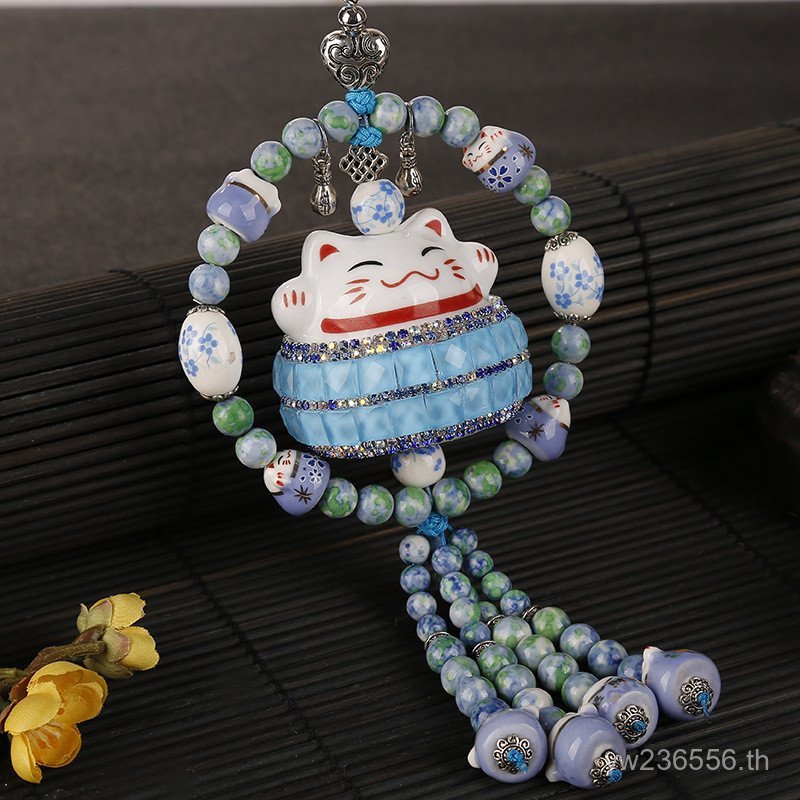 จี้คริสตัลฝัง Rhinestones Lucky Cat กระจกมองหลังตกแต่งรถจี้รถของขวัญ 6UGH