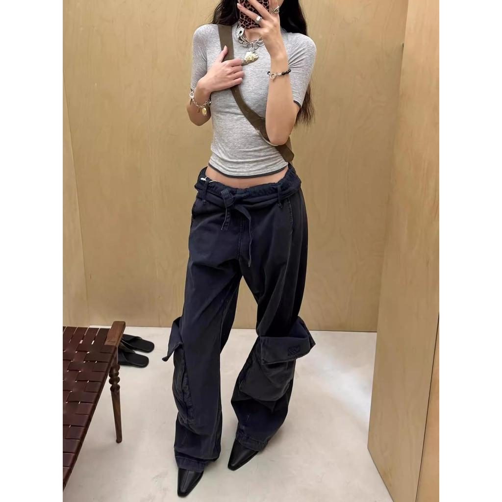 Drawstring Overalls พับแบบไม่ซ้ำ กางเกงมีกระเป๋าขนาดใหญ่ สำหรับทั้งผู้ชายและผู้หญิง