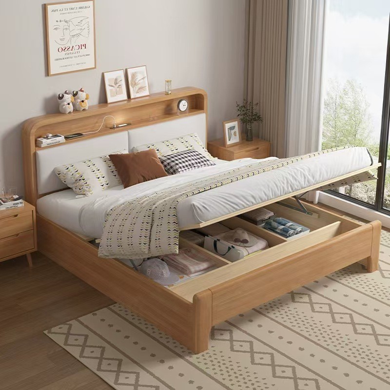 Nordic Apartment เตียงไม้เนื้อแข็ง 1m 8 พร้อม Night Light โมเดิร์นเตียงคู่ 1m 5 โรงแรม B & B โรงแรมเ