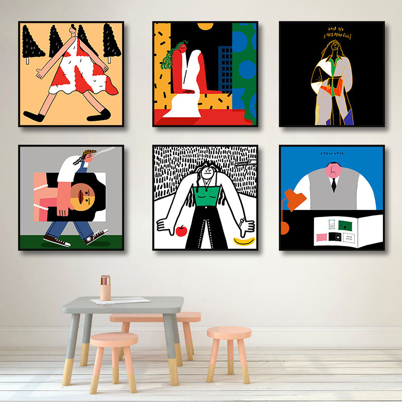 พร้อมกรอบMinimalist Modern Funny ภาพวาดผ้าใบน่ารักการ์ตูนรูปภาพผนัง