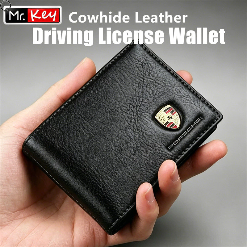 Mr.Key Porsche Crest Cowhide Leather Slim Bi-fold Driving License Wallet