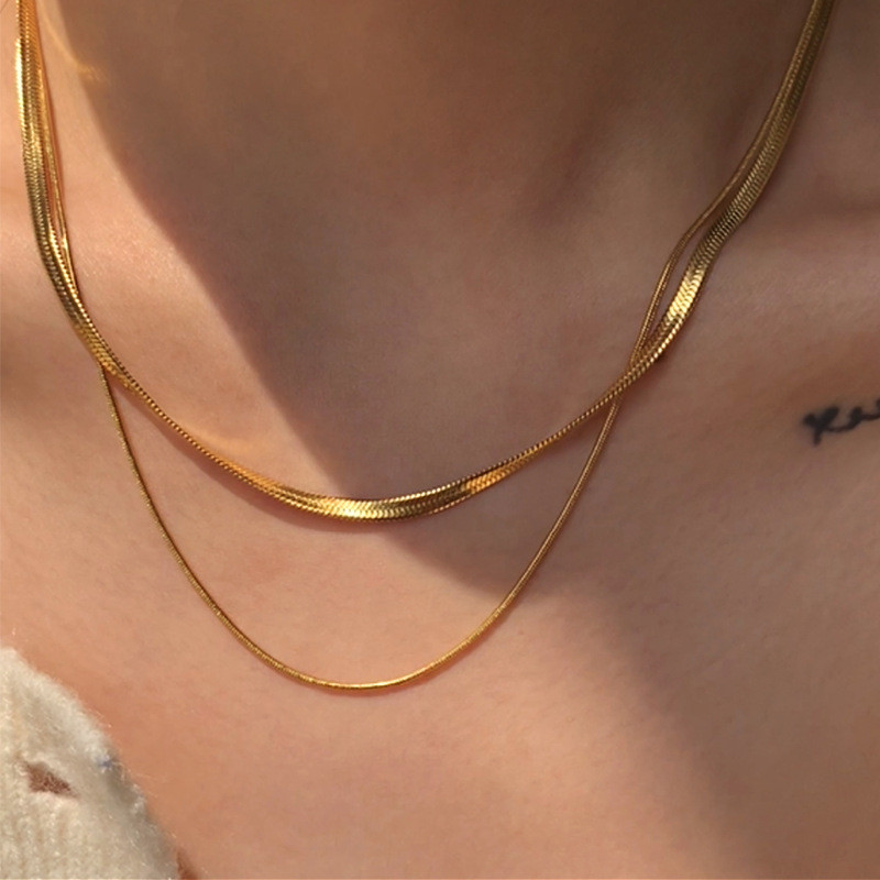 Double Layered Elegant Unique Snake Bone Chain Necklace Clavikle Necklace/Shocker Chain 18K Gold-Plated Waterproof Rust-Proof Necklace Titanium Stainless Steel Material, Double Layer Snake-Shaped Chain อินเทรนด์ ins Design Accessories Unisex N192