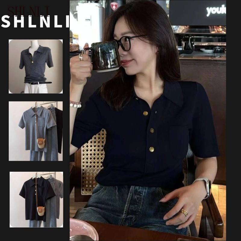 ฤดูใบไม้ผลิฤดูร้อนแขนสั้นครึ่งปุ่มเสื้อลำลองผู้หญิง