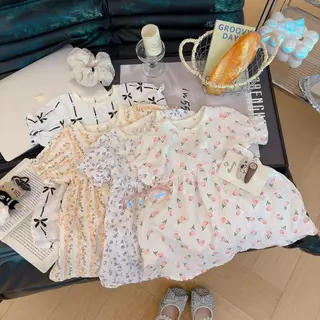 MooDeng Baby เดรสเด็กหญิง สุดน่ารัก มี4ลายให้เลือก ไซต์80-120CM(1-6ขวบ)ผ้ามัสลิน ผ้าฝ้าย 100%