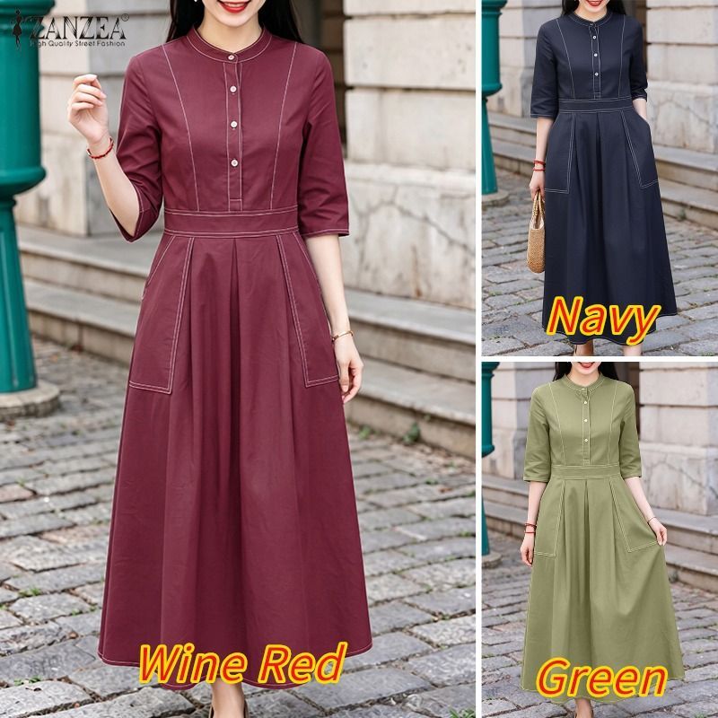 ZANZEA ผู้หญิงเกาหลีวินเทจลําลองคอตั้งกลางแขนครึ่งกระดุมสีตัดกัน Midi Shirtdresses — صورة 3