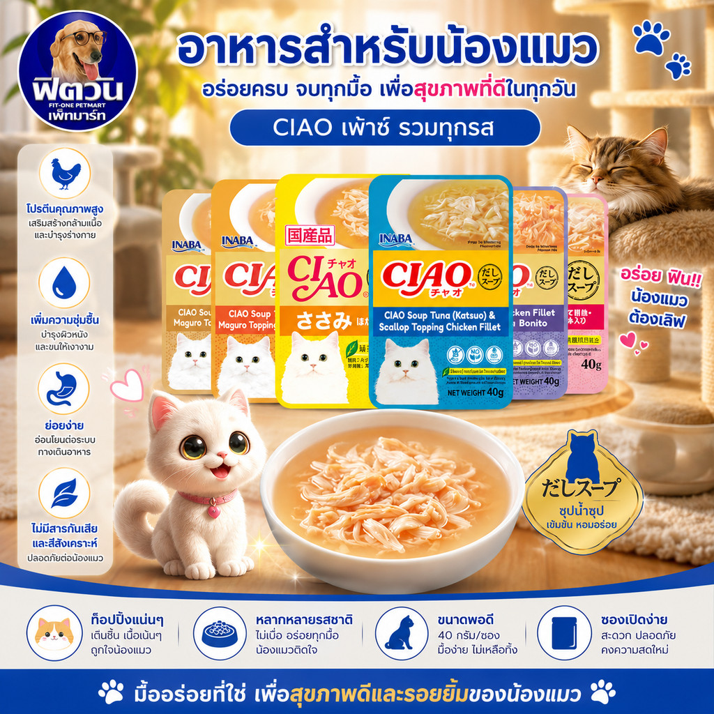 CIAO เพาซ์ อาหารเปียกแมว แบบซุปใส 40g {อาหารเปียกแมว} จำนวน 16 ซอง