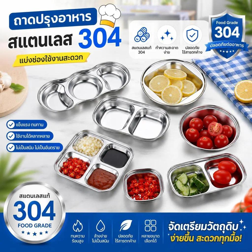 ถาดหลุมสแตนเลสเกาหลี 304 จานน้ำจิ้ม ปิ้งย่าง แบ่งช่อง ล้างง่าย ไม่เป็นสนิม