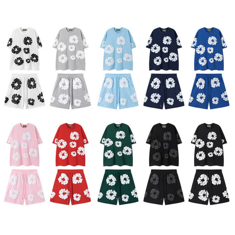 กวางโจว Street Wear Foam Kapok Kanye DENIM TEARS แฟชั่น All-Match กางเกงขาสั้นลําลองชุดเสื้อยืด