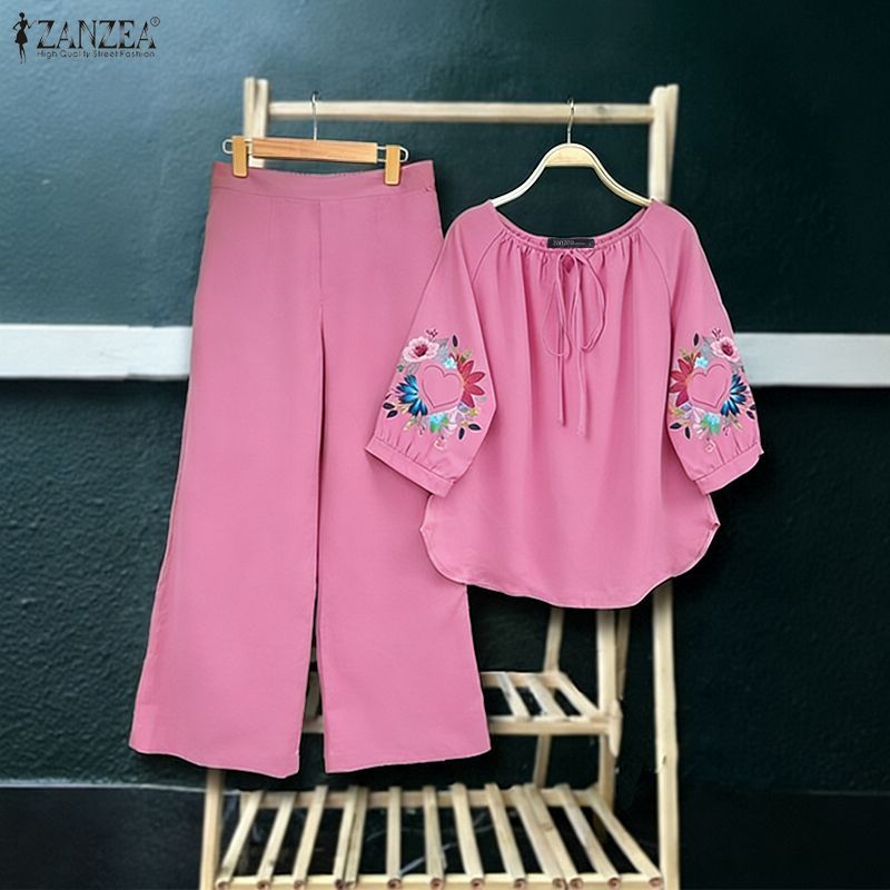 ZANZEA ใส่ ซานเซีย ผู้หญิงเกาหลีวันหยุดสบายๆลูกเรือคอผูกดอกไม้พิมพ์3/4แขนโคมไฟขากว้างชุดสองชิ้น — صورة 5