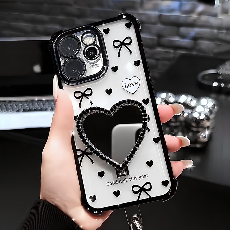 เคส OPPO Reno 15 15F 5G เคส OPPO Reno 15 Pro Max เคสเจลใสอ่อนนุ่มกันกระแทก ลวดลายหัวใจและโบว์ ที่วางโทรศัพท์รูปเพชรที่หัวใจ ฝาครอบเลนส์กล้อง ฟิล์มเลนส์ โทรศัพท์
