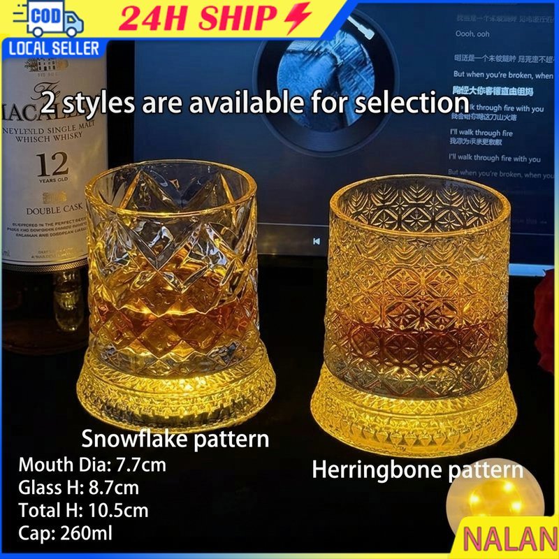 260ML. แก้ววิสกี้หมุนคริสตัล ฐานหมุนมีไฟ แก้วหมุนเหล้า สีใส สำหรับแบรนดี เบียร์ บาร์และปาร์ตี้