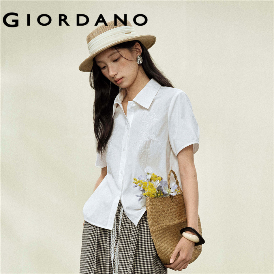 GIORDANO WOMEN Pure cotton embroidered collar woven short-sleeve shirt - High Quality 18346305