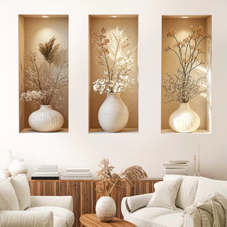 ชุดภาพวาด 3D ติดผนัง 3 ชิ้น ลายดอกไม้และใบไม้ ศิลปะตกแต่งห้องนั่งเล่น สวยงามมีมิติ
