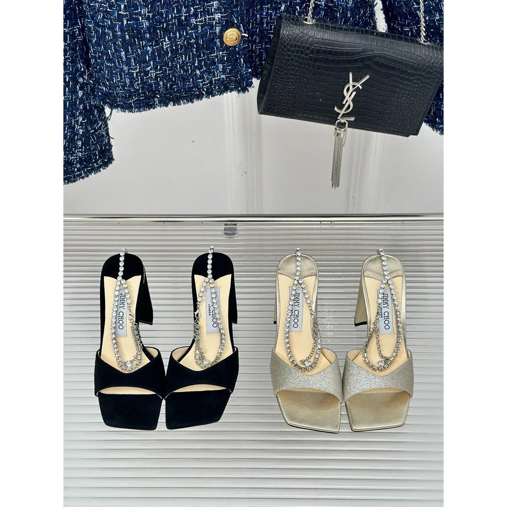 รองเท้าส้นสูงส้นหนา Jimmy Choo JC 2024 สไตล์คลาสสิกด้วยRhineStone Chain เหมาะสำหรับโอกาสที่ต้องการคว