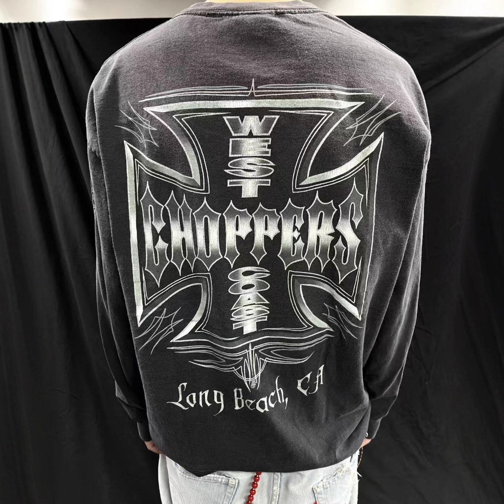 EWMY West Coast Choppers Vintage Iron Cross Washed and Distressed Vintage Loose Long Sleeve T T-shir