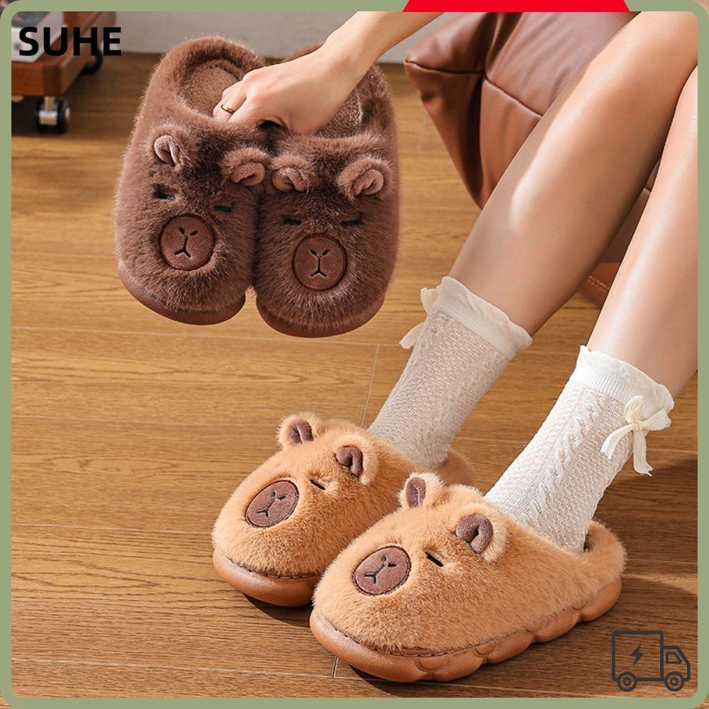 รองเท้าแตะสำหรับเด็ก แบบ Capybara ทำจากผ้าฝ้าย กันลื่น มีขนปุยนุ่ม อุ่นในฤดูหนาว