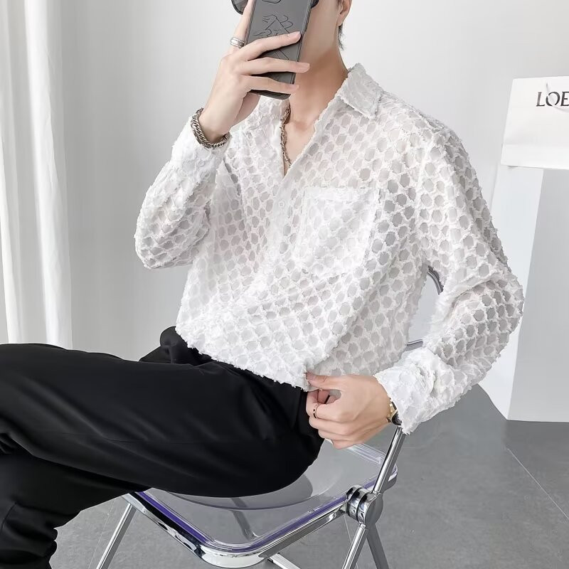 เสื้อเชิ้ตแขนยาวแบบซีทรูและเปิดโล่ง สไตล์เกาหลีสำหรับผู้ชาย