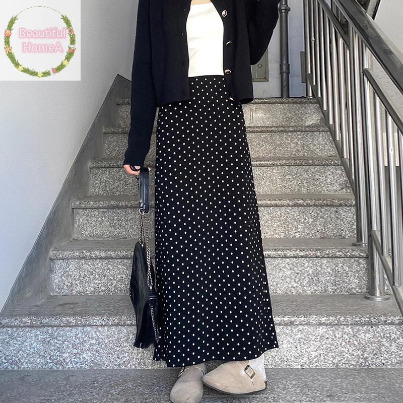 BHome กระโปรงลายจุดสีดําสําหรับผู้หญิงฤดูร้อนสไตล์ใหม่กระโปรงผ่าบางอารมณ์กระโปรงยาวกลางเหมาะสําหรับส