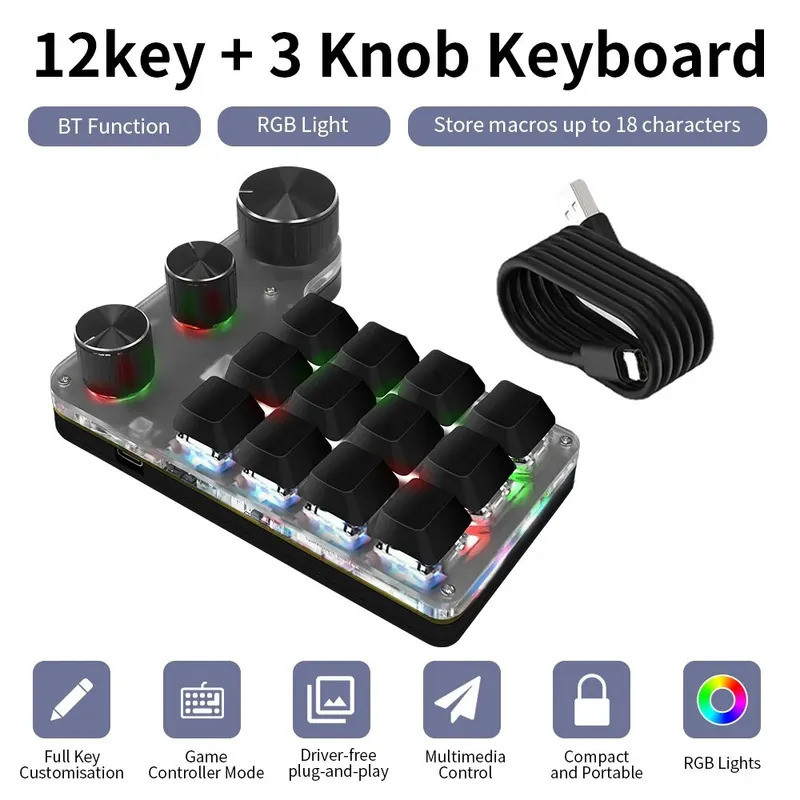 การเขียนโปรแกรมบลูทูธ Macro Custom 3 ปุ่มคีย์บอร์ด RGB 12 Key Copy Paste Photoshop Gaming Keypad Mec