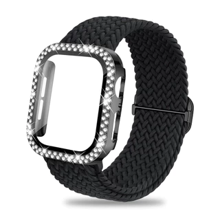 Bling Diamond Glass Screen case + สายไนลอนสําหรับ Apple watch 46/42/45/41 มม.44 มม.40 มม.Series 11 10 9 8 7 6 5 4 SE