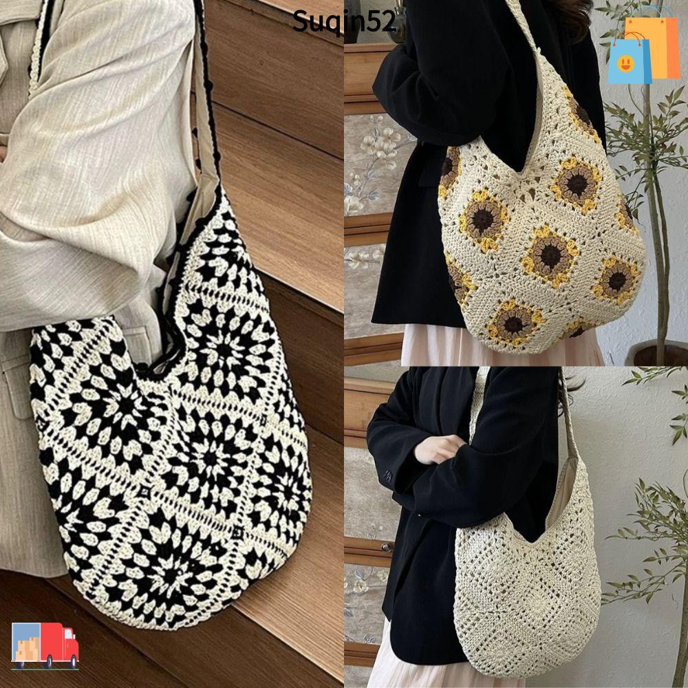 SUQIN52 โครเชต์ Tote Bag, มือโครเชต์สไตล์ศิลปะทอกระเป๋าสะพาย, เส้นด้ายโครเชต์ Vintage Look Hollowed 