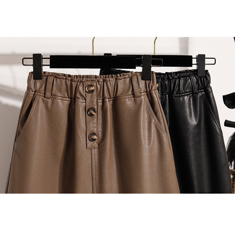 [40-105 กก.] กระโปรงหนังเวอร์ชั่นเกาหลีฤดูใบไม้ร่วงฤดูหนาวเอวสูงยาวปานกลางกระโปรงทรงเอสีดํา - รูปที่ 6