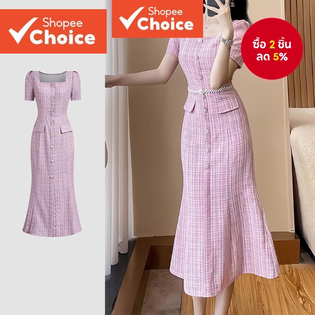 เดรสกระโปรงหางปลาลายสก็อตพิมพ์ลายโมโนโครมคอเหลี่ยม รุ่น B132-MAY25-B-3-DRB132P2D399