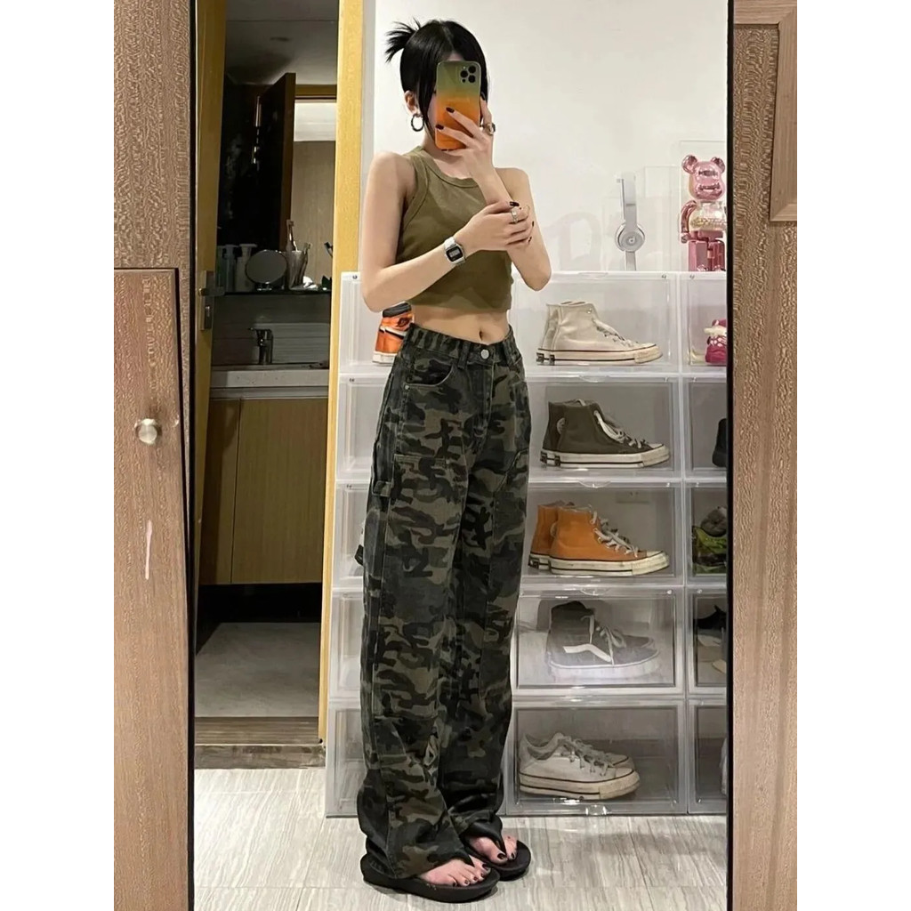 Army Green Tie-Dye Camouflage Jeans สไตล์ STREETWEAR กางเกงขาบานสำหรับหนุ่มในฤดูร้อน