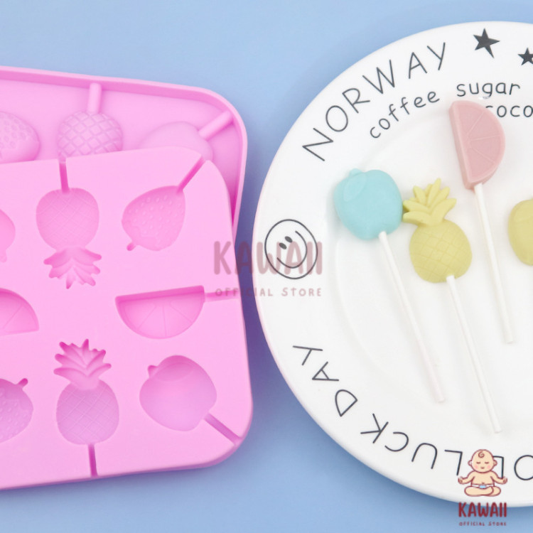 KS 8in1 Fruit Lollipop Candy Mold ไม่รวม Sticks / Bonbon Mold ช็อกโกแลตสับปะรด Apple Strawberry Oran