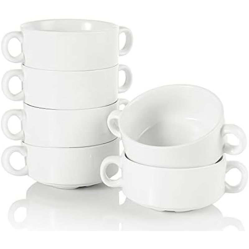 ls with Double Handles 10 Ounce White French Onion Soup Crocks Round Stackable Bowls for Soup, Cerea