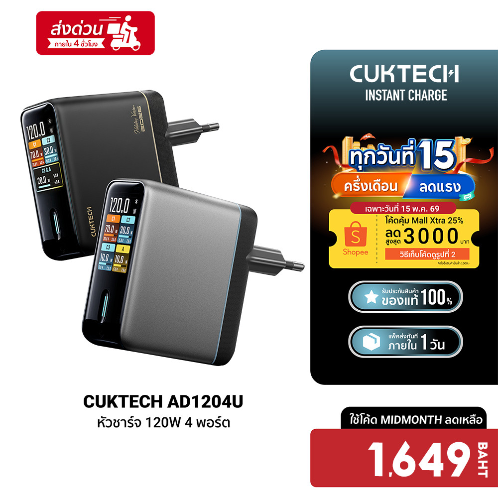 [ลดเหลือ 1649] CUKTECH AD1204U หัวชาร์จ 120W 4 พอร์ต เชื่อมต่อแอป Xiaomi Home รองรับ PD3.0 , PPS -2Y
