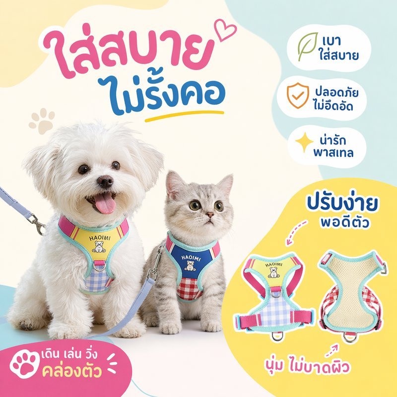 สายรัดอกแมว สายจูงแมว เสื้ออกแมว ผ้าตาข่าย ระบายอากาศ ปรับได้ กันหลุด น่ารัก แมว สุนัข