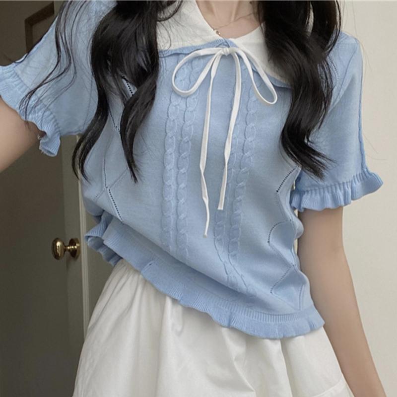 StardustLab ฤดูร้อนเกาหลีหวานโบว์ตุ๊กตาคอปกแขนสั้นลําลองถักเสื้อยืดสําหรับผู้หญิง SDL